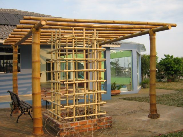 Pergolado que acompanha tela de bambu, usada para conduzir as trepadeiras plantasdas