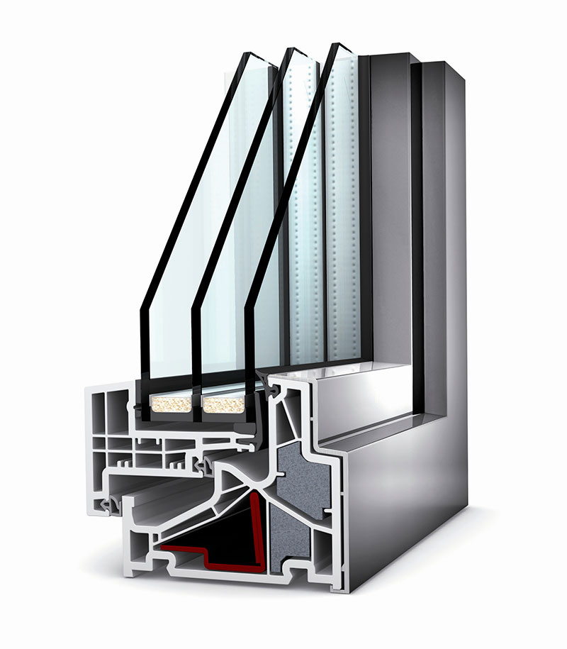 Imagem de um segmento de janela anti-ruído com vidro triplo em corte, de marca italiana.
